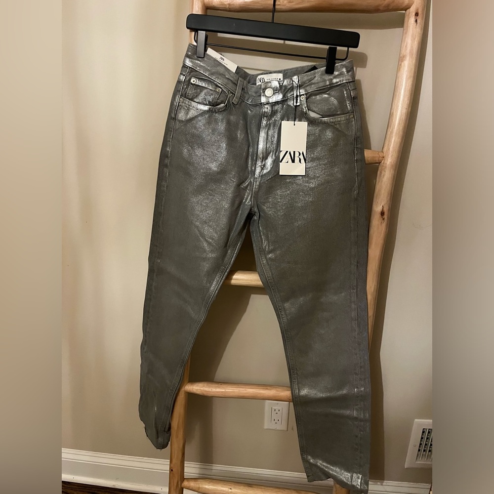 NWT Zara Metallic Straight  jean; silver coated denim; pet & smoke free home